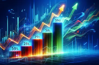Colorful stock chart showing rising trend lines with growth percentages, symbolizing bargain stocks with high growth potential against a blue digital background