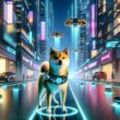 Futuristic cityscape with Shiba Inu dog in neon-lit environment