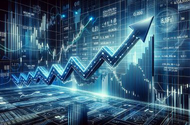 Digital stock market graph with blue upward trend arrow showing technology growth