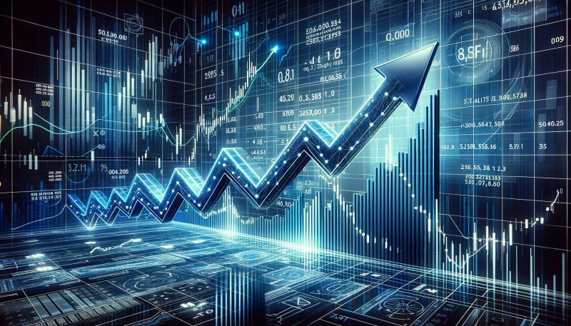 Digital stock market graph with blue upward trend arrow showing technology growth