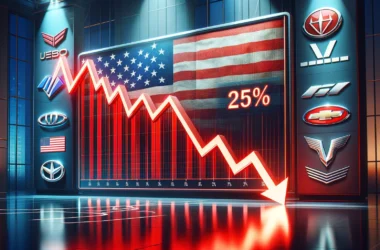Stock market digital display showing dramatic red downward trends with automobile logos of major car manufacturers