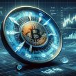 Bitcoin surrounded by a 24-hour clock with trading charts in the background showing continuous market activity