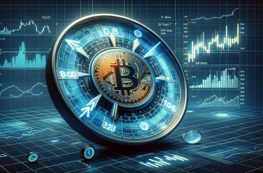 Bitcoin surrounded by a 24-hour clock with trading charts in the background showing continuous market activity