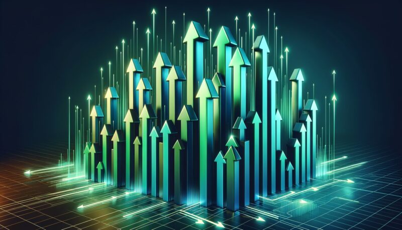 3D visualization of multiple green and blue upward arrows representing market growth