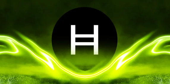 Hedera Hashgraph logo with glowing green energy visualization