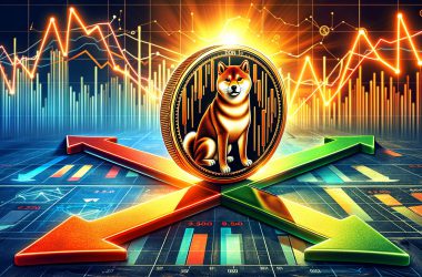 Shiba Inu coin at crossroads with orange and green arrows showing diverging market paths