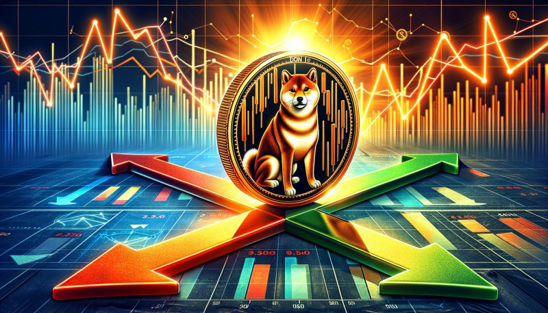 Shiba Inu coin at crossroads with orange and green arrows showing diverging market paths