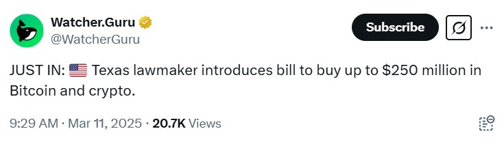 Watcher Guru Tweet about Second Bitcoin Reserve Bill 