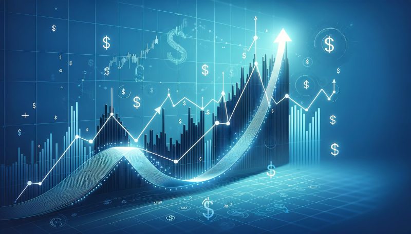 Financial growth chart with ascending white and blue lines, dollar signs, and bar graphs on a blue digital background, representing financial performance and investment trends