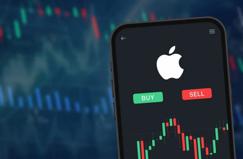 Smartphone displaying Apple logo with stock chart and buy/sell buttons