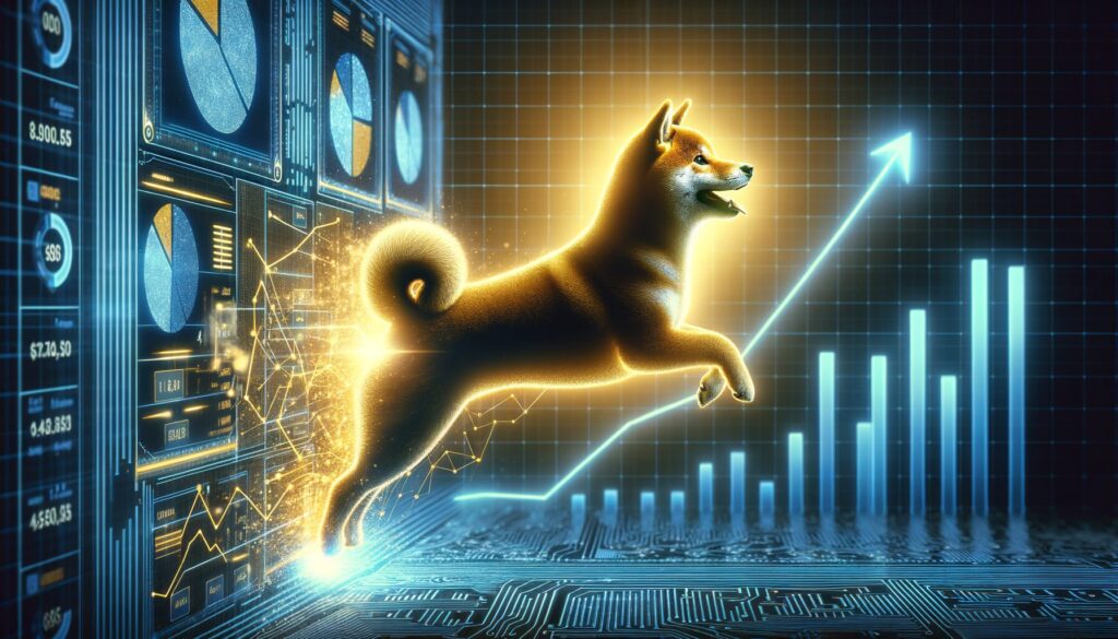 Golden Shiba Inu dog leaping upward along a rising blue price chart with financial data visualization