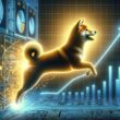 Golden Shiba Inu dog leaping upward along a rising blue price chart with financial data visualization