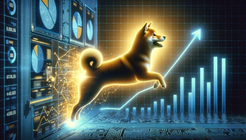 Golden Shiba Inu dog leaping upward along a rising blue price chart with financial data visualization