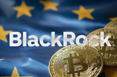 Bitcoin coins with BlackRock logo on EU flag background