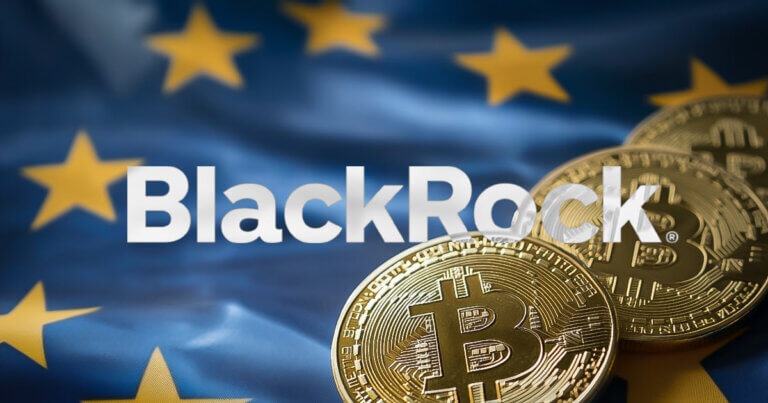 Bitcoin coins with BlackRock logo on EU flag background