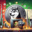 Shiba Inu coin with Dubai skyline and digital vault containing cryptocurrency symbols