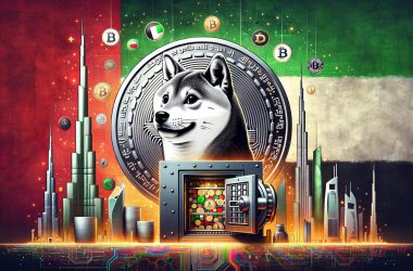 Shiba Inu coin with Dubai skyline and digital vault containing cryptocurrency symbols