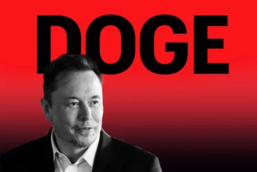Elon Musk portrait against red background with DOGE text