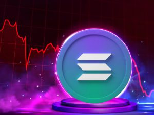 SOL cryptocurrency logo displayed on a glowing pedestal against a dramatic background with a steep red downtrend chart, illustrating the blockchain's revenue collapse and price decline