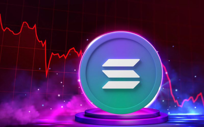 SOL cryptocurrency logo displayed on a glowing pedestal against a dramatic background with a steep red downtrend chart, illustrating the blockchain's revenue collapse and price decline