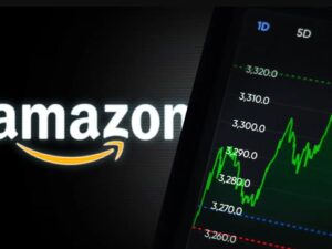 Amazon logo beside stock chart showing upward price movement