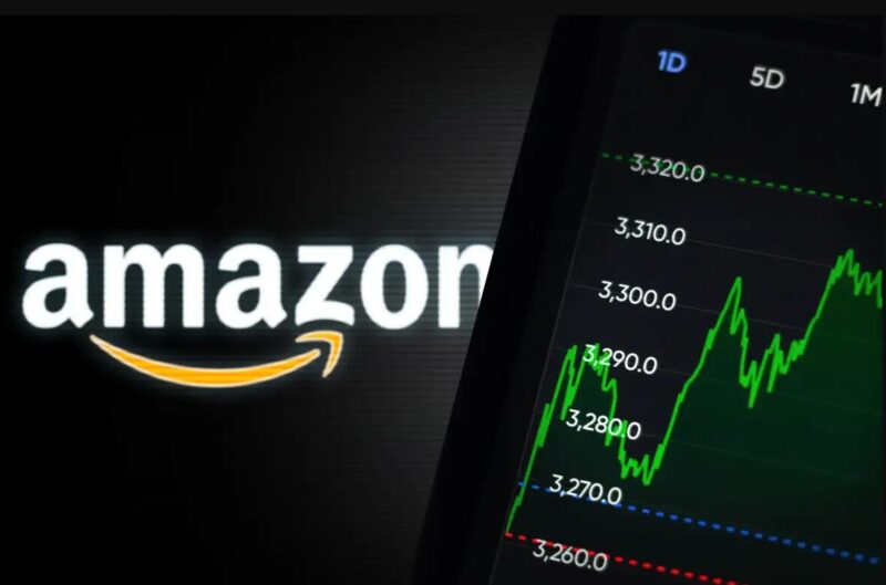 Amazon logo beside stock chart showing upward price movement