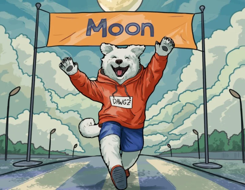 White dog mascot in orange hoodie running toward Moon banner