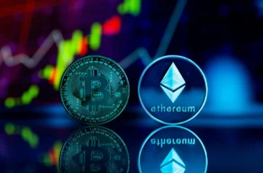 Bitcoin and Ethereum physical coins against price chart background