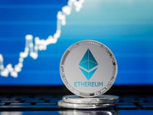 Ethereum coin with upward price chart in the background