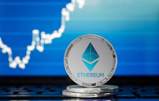 Ethereum coin with upward price chart in the background