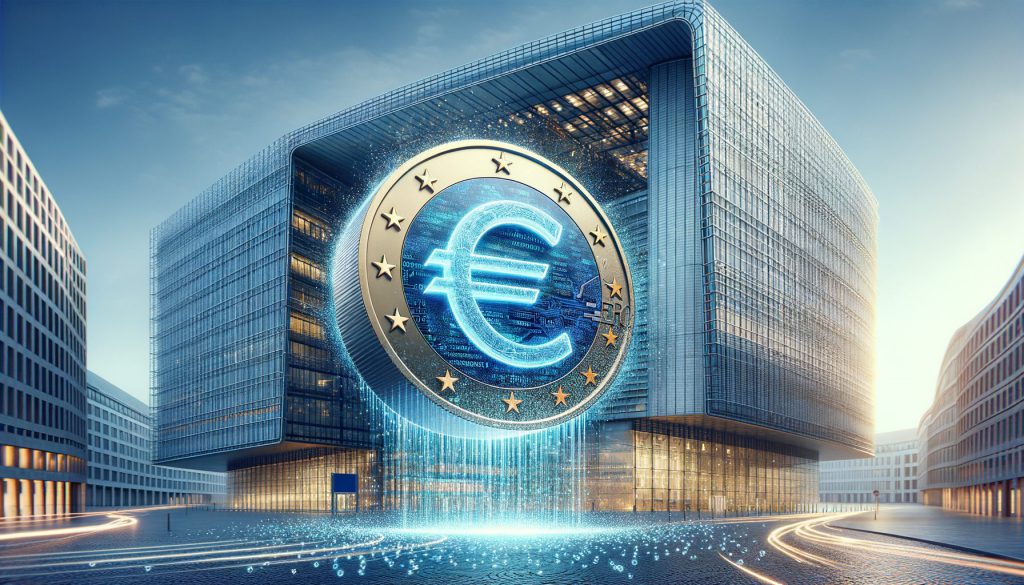 ECB headquarters with digital euro concept visualization