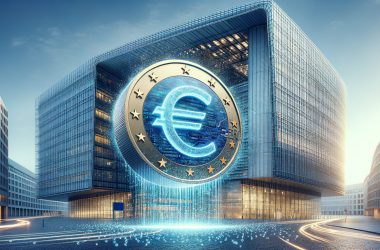 ECB headquarters with digital euro concept visualization