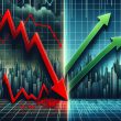 Financial market visualization showing a split screen with a red downward arrow representing market crash on the left side and green upward arrows indicating recovery or growth opportunities on the right side