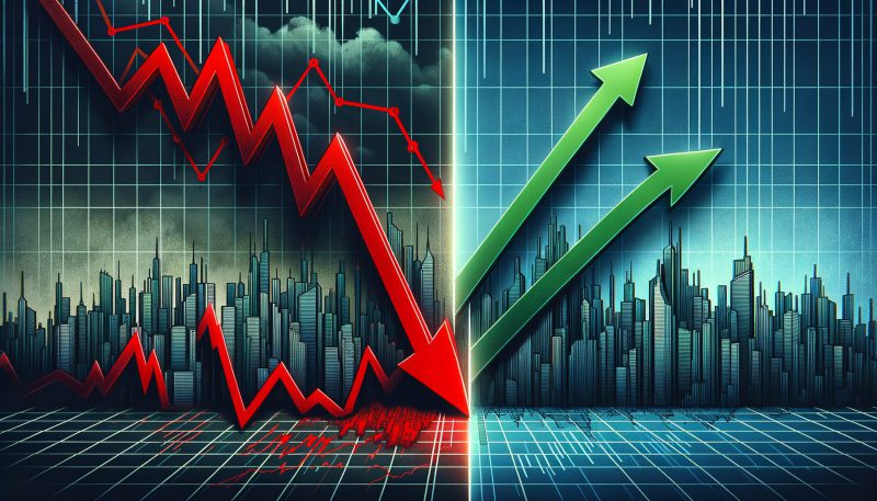 Financial market visualization showing a split screen with a red downward arrow representing market crash on the left side and green upward arrows indicating recovery or growth opportunities on the right side