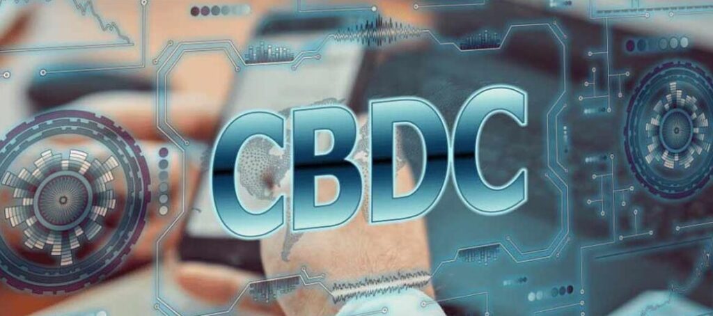 CBDC text with digital financial technology background