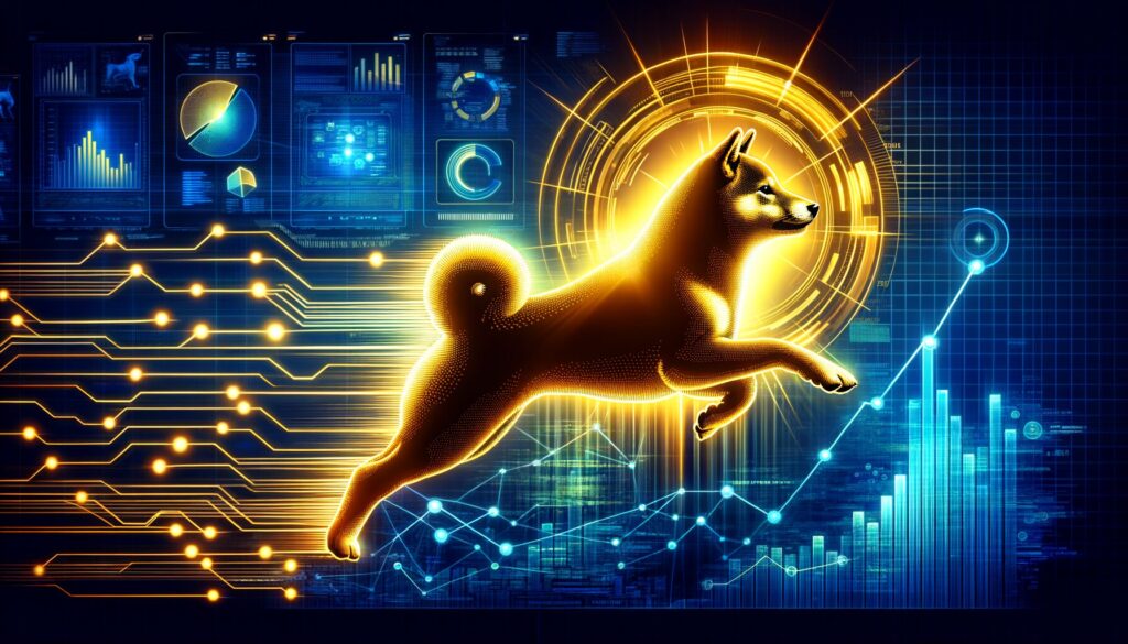 Golden Shiba Inu cryptocurrency symbol breaking through digital resistance with financial charts and crypto metrics