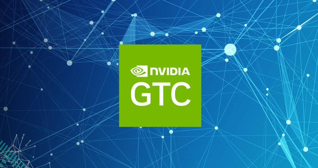 NVIDIA GTC logo on blue technology network background