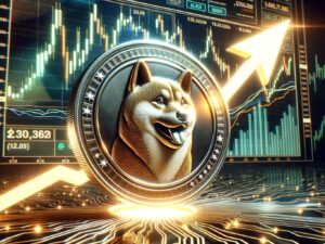 Golden Shiba Inu coin with upward golden arrow and rising price charts