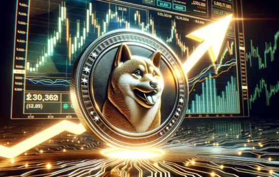 Golden Shiba Inu coin with upward golden arrow and rising price charts