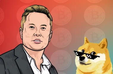Cartoon illustration of a man in business attire next to a Shiba Inu dog with pixelated sunglasses