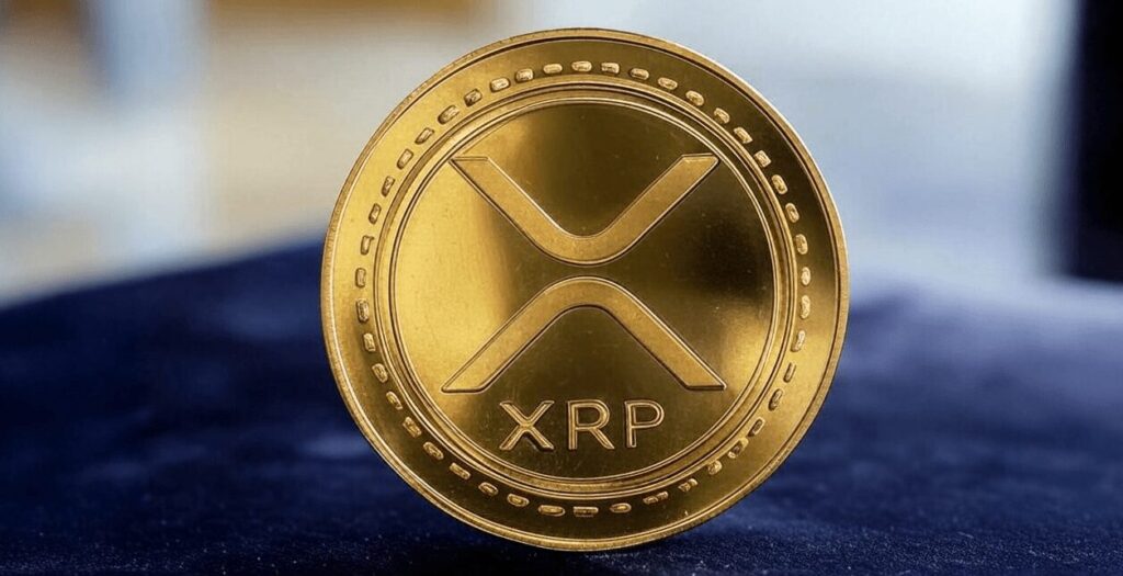 Gold XRP cryptocurrency coin with logo connected  bluish  background