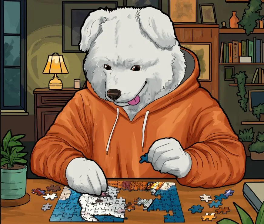 White dog cartoon character in orange hoodie solving puzzle