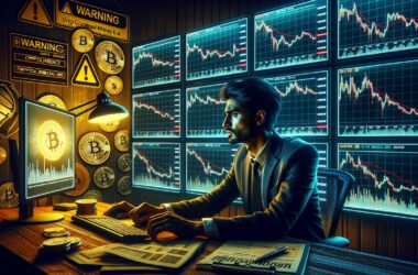 Investor analyzing declining crypto markets with warning signs and Bitcoin symbols