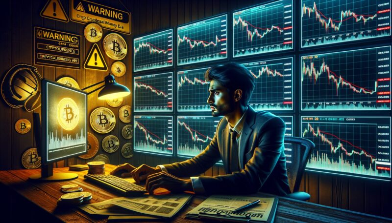Investor analyzing declining crypto markets with warning signs and Bitcoin symbols