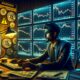 Investor analyzing declining crypto markets with warning signs and Bitcoin symbols