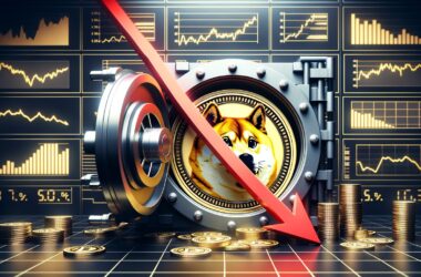 Dogecoin logo inside vault with downward red arrow and financial charts