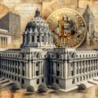 Government building with Bitcoin symbol and cityscape in sepia tone design