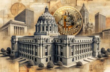 Government building with Bitcoin symbol and cityscape in sepia tone design