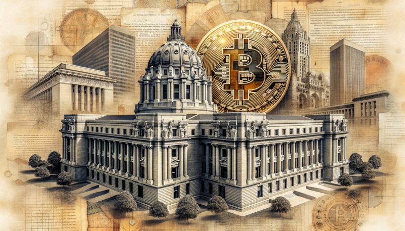 Government building with Bitcoin symbol and cityscape in sepia tone design