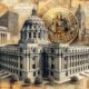 Government building with Bitcoin symbol and cityscape in sepia tone design